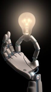 technology advancement robot hand holding light bulb