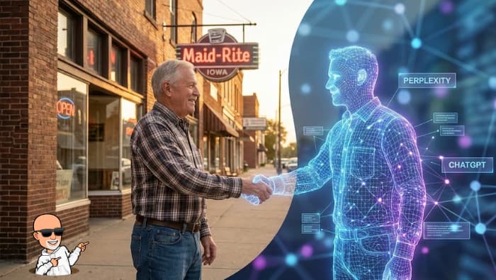 A split-composition image featuring a handshake from human to GEO